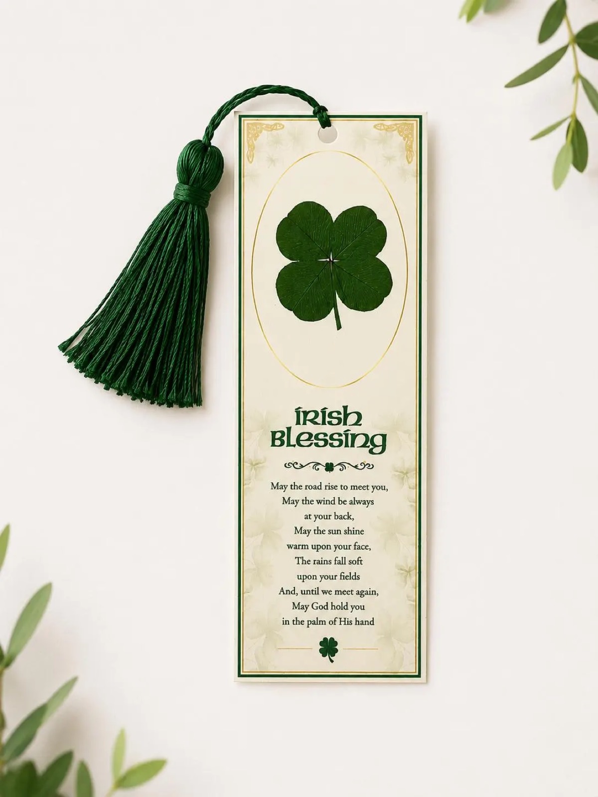Real pressed four-leaf clover bookmark with an Irish blessing and green tassel