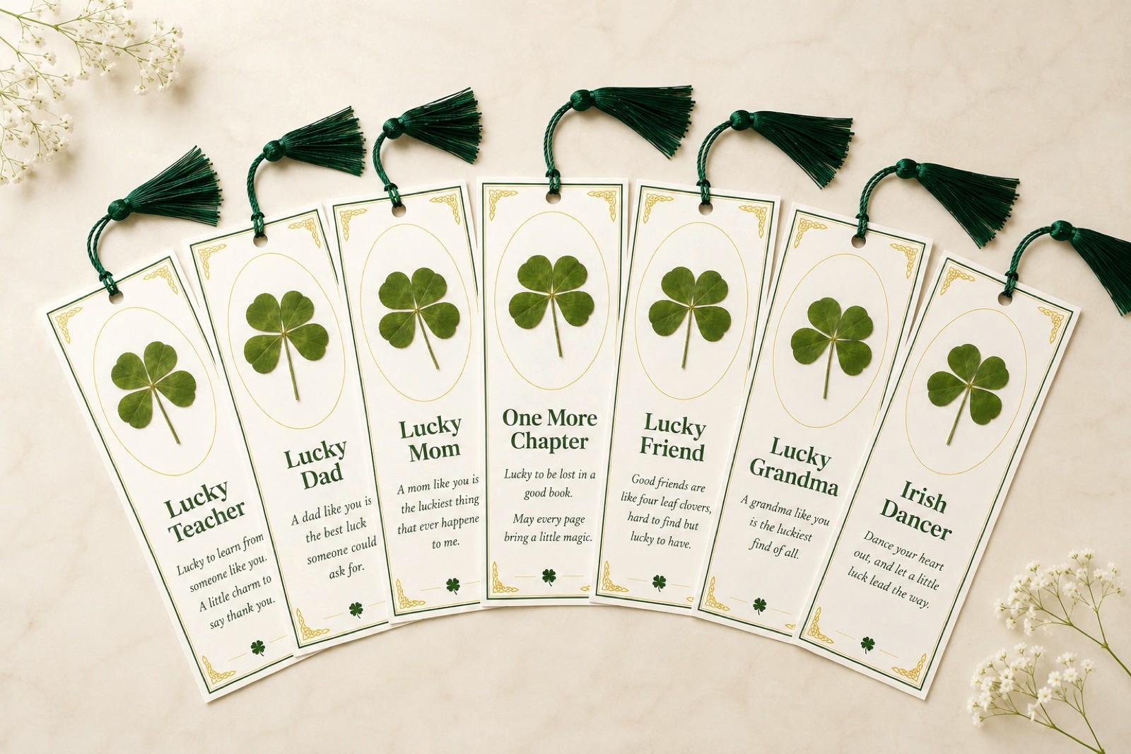 A fan of personalized clover bookmarks — Lucky Mom, Dad, Teacher and more