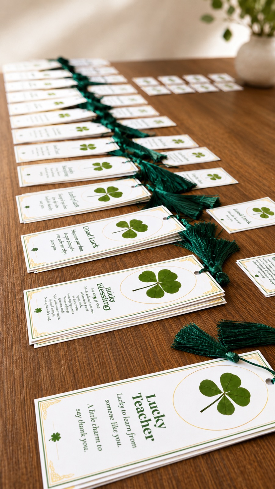 Personalized four-leaf clover bookmarks laid out on a table