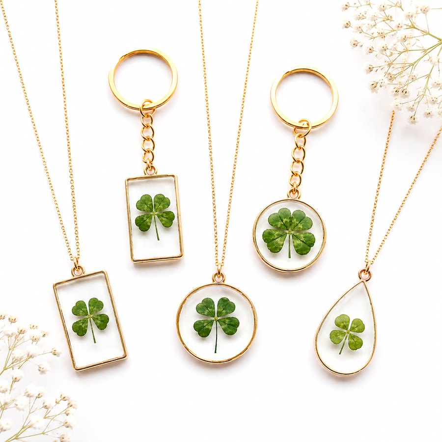 Clover necklaces and keychains for an Irish dance team