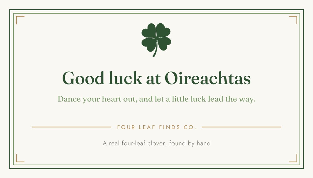 The Good luck at Oireachtas card &mdash; a clover above the words, on cream