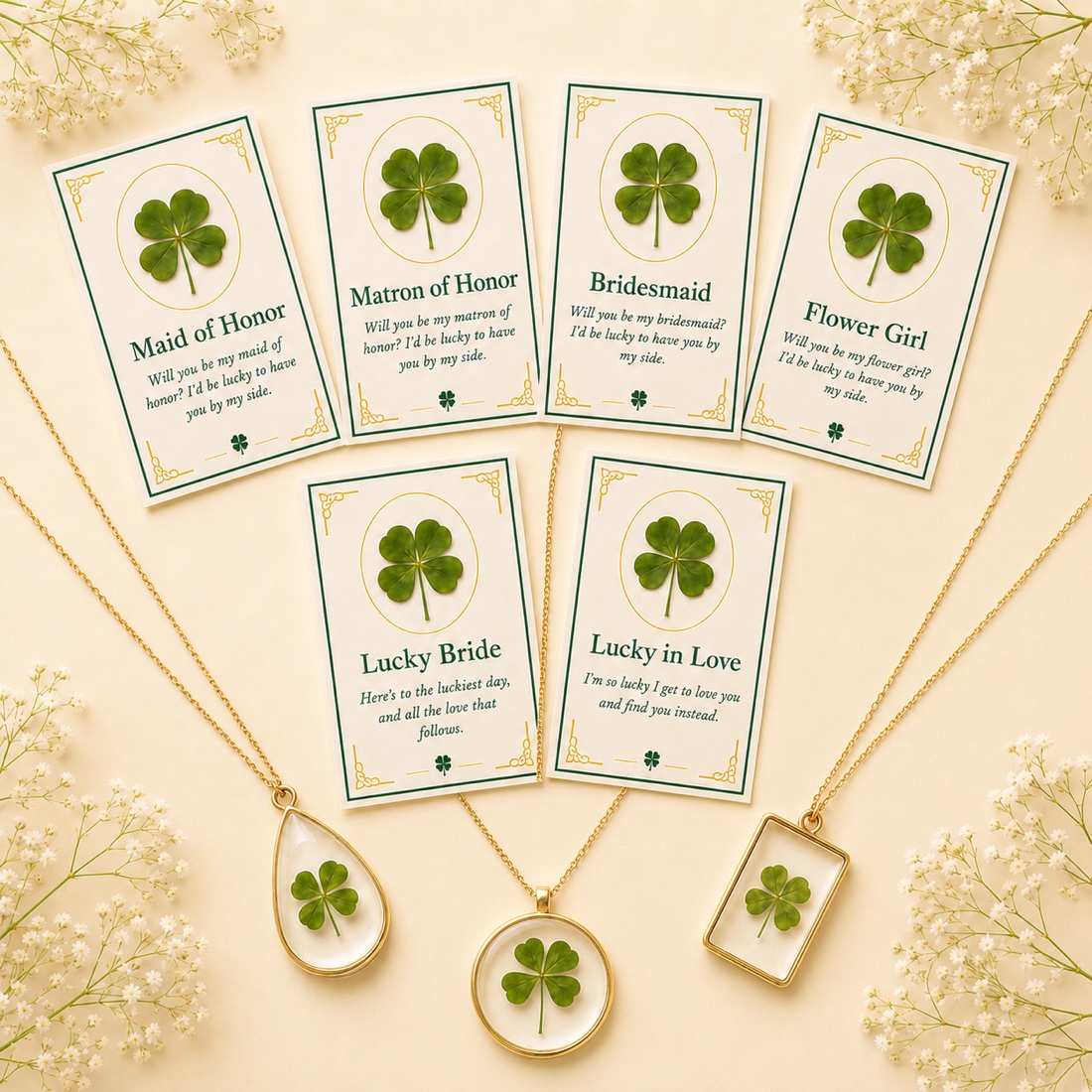 Bridal party clover cards — Maid of Honor, Matron of Honor, Bridesmaid, Flower Girl, Bride and Lucky in Love